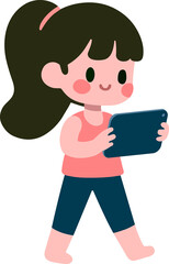 Girl standing holding tablet.