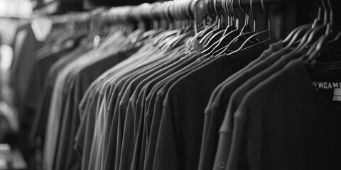 A simple black and white photograph of a rack of shirts. Perfect for fashion catalogs and online clothing stores - obrazy, fototapety, plakaty
