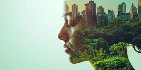 Double exposure of woman face and green city background. Mixed media.