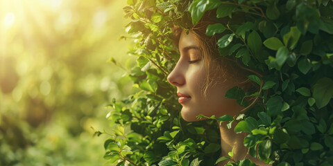 Portrait of a beautiful young woman in green leaves. Natural beauty.