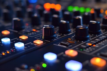 A detailed close-up view of a sound board with multiple knobs. Perfect for music production and...