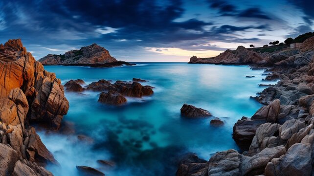 Twilight hues reflecting on Menorca's calm waters, creating a serene maritime panorama  -Generative Ai