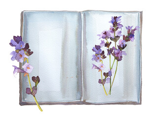 Watercolor lavender with a book illustration. Books and flowers.Beautiful watercolor Provence themed clipart collection. French aroma concept.Paris perfume design.