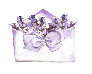 Watercolor lavender bouquet in an old envelope illustration. Beautiful watercolor Provence themed clipart collection. French aroma concept.Paris perfume design.