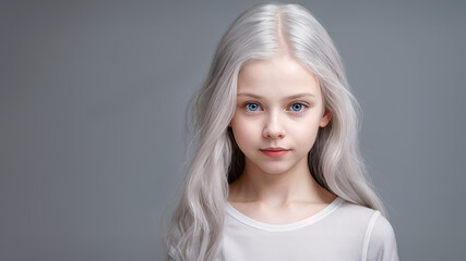 Naklejka premium Portrait of a young female model with platinum blond hair and wear a white t-shirt while standing in front of a grey backdrop. Room for copy.