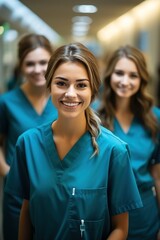 Fototapeta premium Three female nurses in blue scrubs smiling at the camera