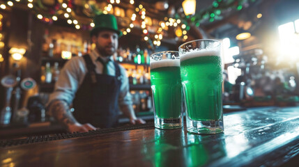 Two beers on the pub counter and an unfocused waiter with a green Leprikon hat. Irish party on St. Patrick's Day in an Irish pub. Ai Generated - obrazy, fototapety, plakaty