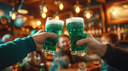 Two male hands toast with tube glass of green beer on blurred background with people and lights in a Irish pub in St.Patrick's day celebration. Ai generated
