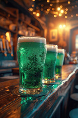 Three refreshing cold foamy beers on a pub bar ready to be consumed in St. Patrick's Day celebration. Ai generated