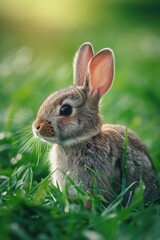 Fototapeta premium A cute small rabbit sitting in the grass. Perfect for nature-themed projects or children's illustrations
