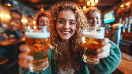 Pretty smiling young woman with long hair holding two cold beer jar showing them at camera. Irish party on St. Patrick's Day in an Irish pub. Ai Generated