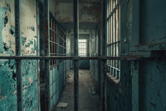 A jail cell featuring a window in the middle. This image can be used to depict incarceration, imprisonment, or confinement in a legal or metaphorical sense