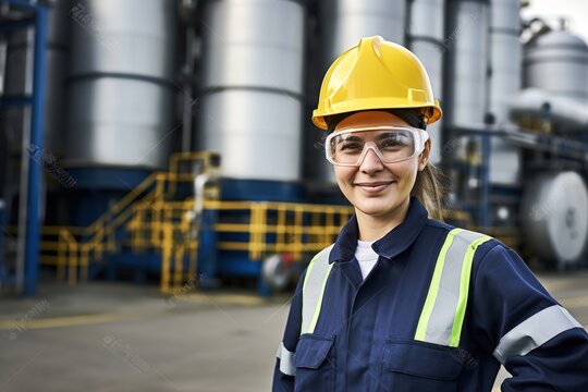 Portrait of a female engineer wearing safety gear in an industrial setting