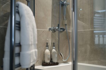 A bathroom featuring a shower and a bathtub. Ideal for home improvement or real estate projects