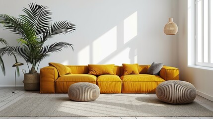 Two knitted poufs near dark yellow corner sofa. Scandinavian home interior design of modern living room