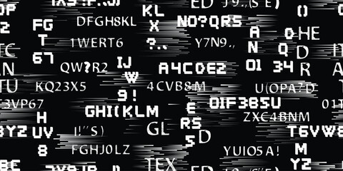 Glitch distorted abstract words . Seamless pattern texture. Pixel fonts .Screen print endless pattern texture with speed lines 