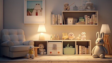The children's playroom and bedroom are well organized in a minimalist style. Arranged toys, including bunnies and teddy bears,