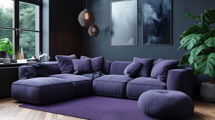 Fototapeta na wymiar Two knitted poufs near dark purple corner sofa