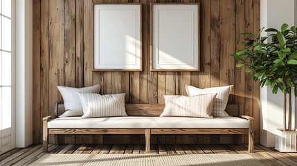 Wooden rustic bench with pillows against wall with two poster frames