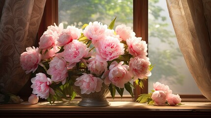 a modern vase or container with a bouquet of peonies on the windowsill, the use of modern furniture or props