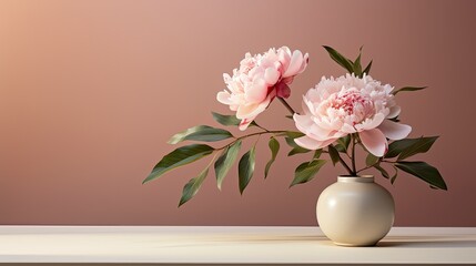 Vase with a sprig of flowers or peony on a light background in a modern minimalist style and layout with an area for text.