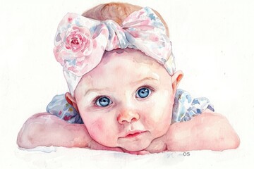 A beautiful watercolor painting of a baby wearing a delicate flower headband. Perfect for nursery decor or baby shower invitations