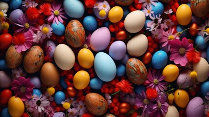 Fototapeta na wymiar Easter background. Beautiful colorful Easter eggs and flowers on table.
