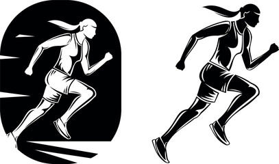 running woman, Marathon run. Isolated vector great set collection clip art Silhouette , Black vector illustration on white background eps .