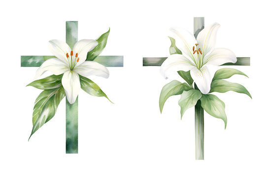 Christian Cross made and white Lily flower, watercolor clipart illustration with isolated background.
