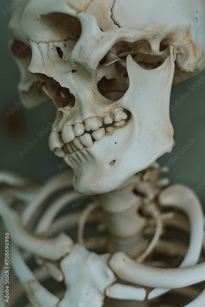 Aufkleber A close-up view of a human skeleton with a jawbone missing. This image can be used to depict anatomy, medical studies, forensic science, or Halloween-themed designs