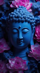 Blue Buddha statue with pink lotus flowers