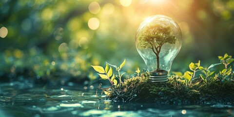 Glowing light bulb with green plant inside. Ecology and environment concept. - obrazy, fototapety, plakaty