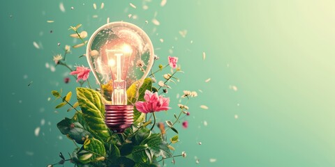 Glowing light bulb and flowers on green background. Alternative energy concept