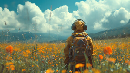 Backview of a wanderer in yellow clothes with headphones standing in a spring meadow on a sunny day. Surreal.