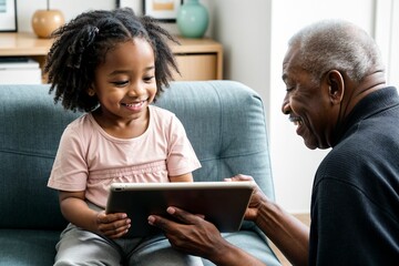 a grandparent and a child interacting using ipads as the child teaches the elderly how to use newer technology