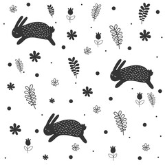 Eastern bunnies seamless pattern, black and white