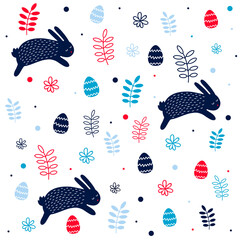 Eastern bunnies seamless pattern, colourful, with easter eggs