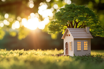 Miniature house on a green meadow. A tiny house in forest with copy space. Concept of energy saving with modern technology. Real estate business, new homes and mortgages