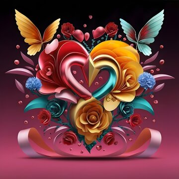 Celebrate the day of love with a vibrant and colorful illustration of two hearts intertwined, surrounded by blooming flowers and fluttering butterflies