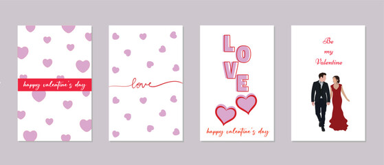 Set of Valentine's Day poster, greeting card, cover, pattern background, red and pink hearts for celebration 