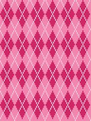 Argyle print. Seamless knitted pattern with rhombuses. Checkered background in pink and white colors. Vector illustration