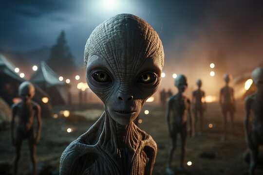 An alien staring at the camera with a serious look while other aliens are in the background