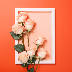 Creative layout made with red roses flowers and white box. Spring minimal concept. Nature background,flat lay