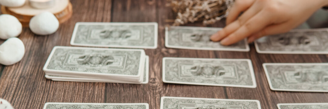 TVER, RUSSIA - FEBRUARY 11, 2023. Tarot cards, Tarot card divination, fortune telling. Occultism, esoteric education.