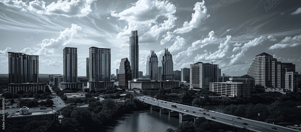 Poster a black and white photo showcasing the skyline of a city. perfect for adding a touch of elegance and