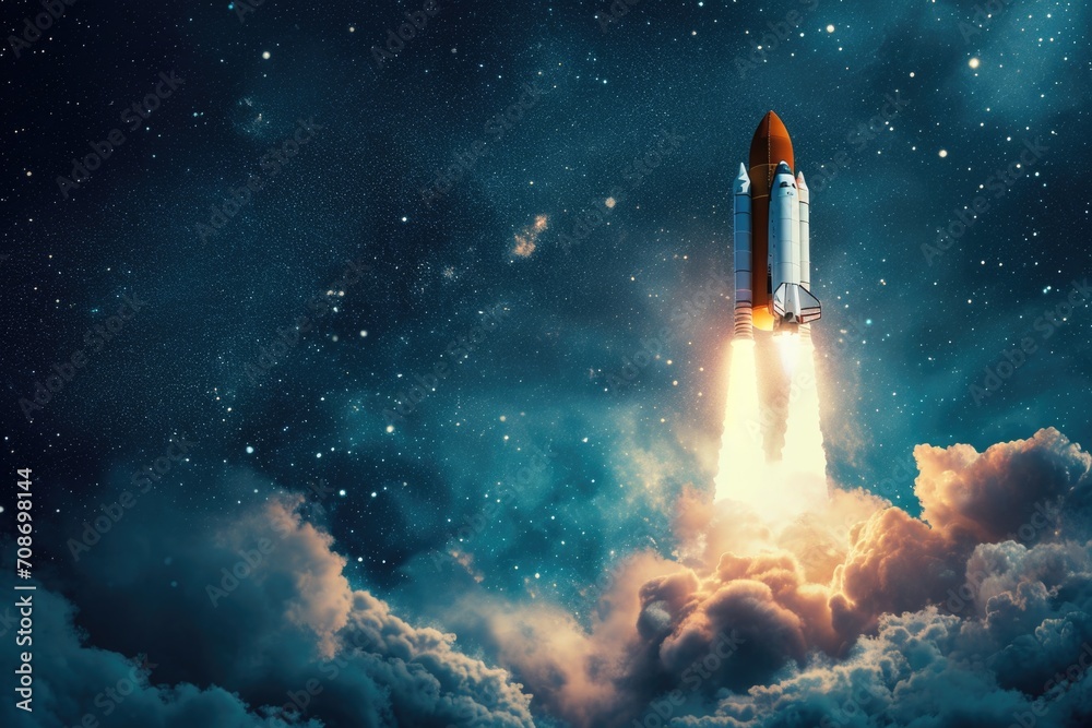 Poster a space shuttle taking off into the sky. perfect for illustrating space exploration and technology a