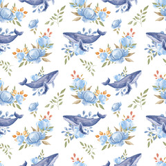 Hand drawn watercolor pattern of whales. Aquerl whale and peonies. Whale fabric print. Undersea world. Artistic Ocean. Sea creatures. Ocean. Sea. Home textiles.