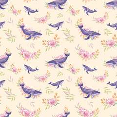 Hand drawn watercolor pattern of whales. Aquerl whale and peonies. Whale fabric print. Undersea world. Artistic Ocean. Sea creatures. Ocean. Sea. Home textiles.