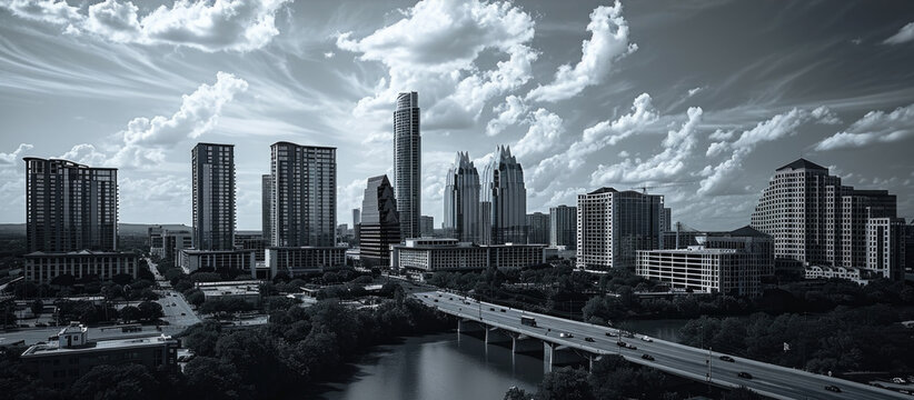 A black and white photo showcasing the skyline of a city. Perfect for adding a touch of elegance and sophistication to any project