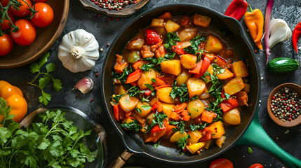 A frying pan with a colorful vegetable stew containing potatoes, tomatoes, and bell peppers,...